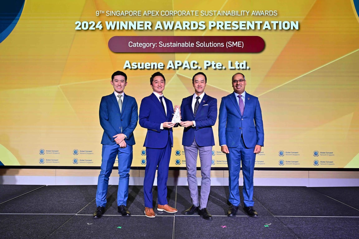 Asuene APAC received the “Singapore Apex Corporate Sustainability Awards” at the 16th GCNS Summit 2024, hosted by the UN Global Compact Network Singapore.